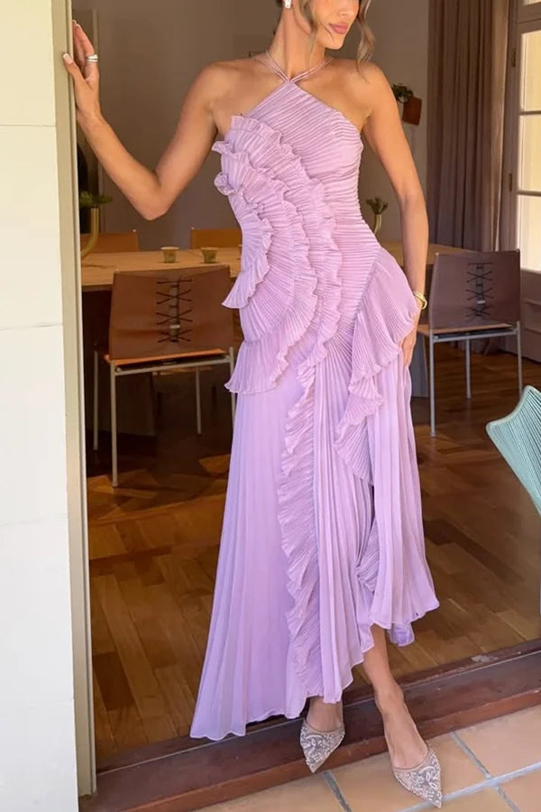 Kleid Hochzeitsgast Damen | Maxi mit Neckholder & Plissee-Rüschen