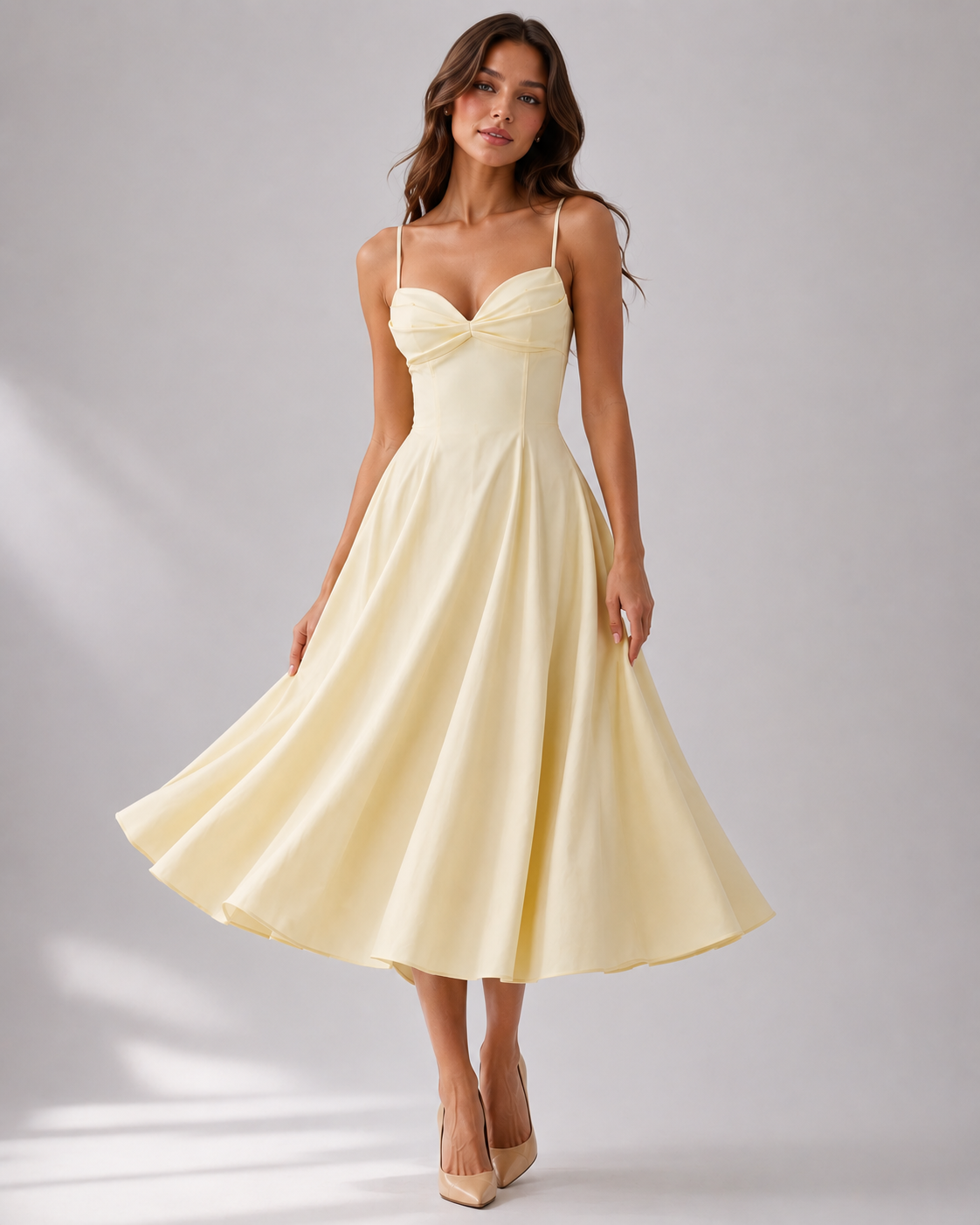 Kleid Hochzeitsgast Damen Midikleid | Spaghettiträgern, Twist-Detail & A-Linien-Rock