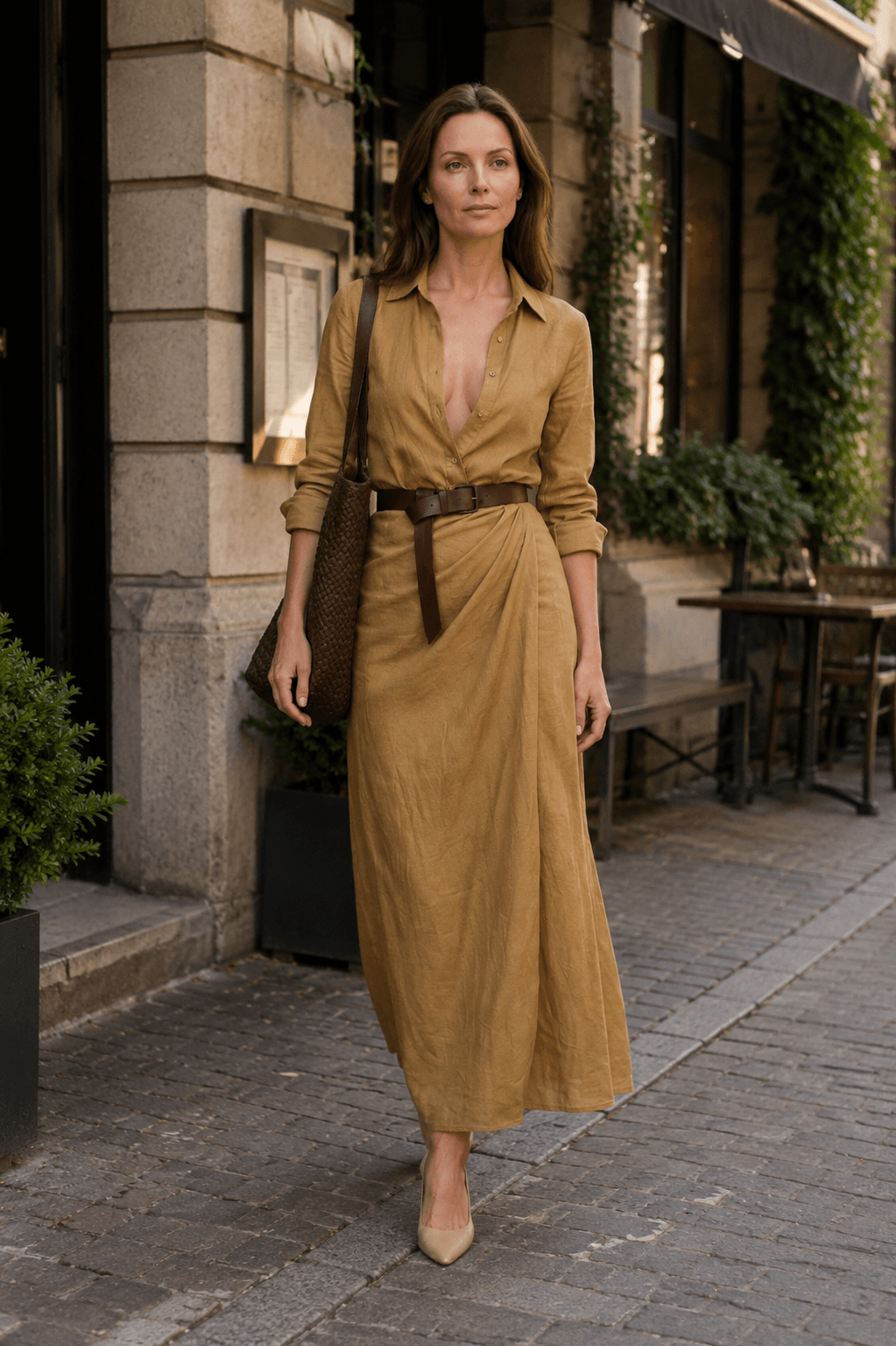 Maxikleid Damen | Hemdblusenkleid mit Wickelrock & V-Ausschnitt