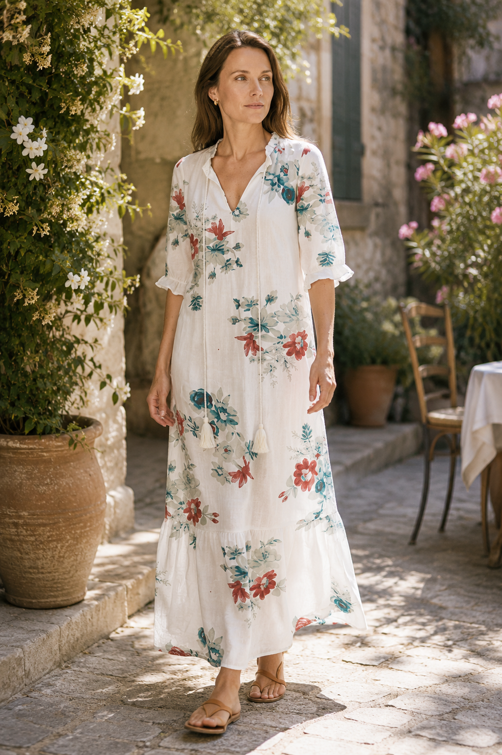Sommerkleid Damen Maxi | Blumenprint & Kordel-V-Ausschnitt