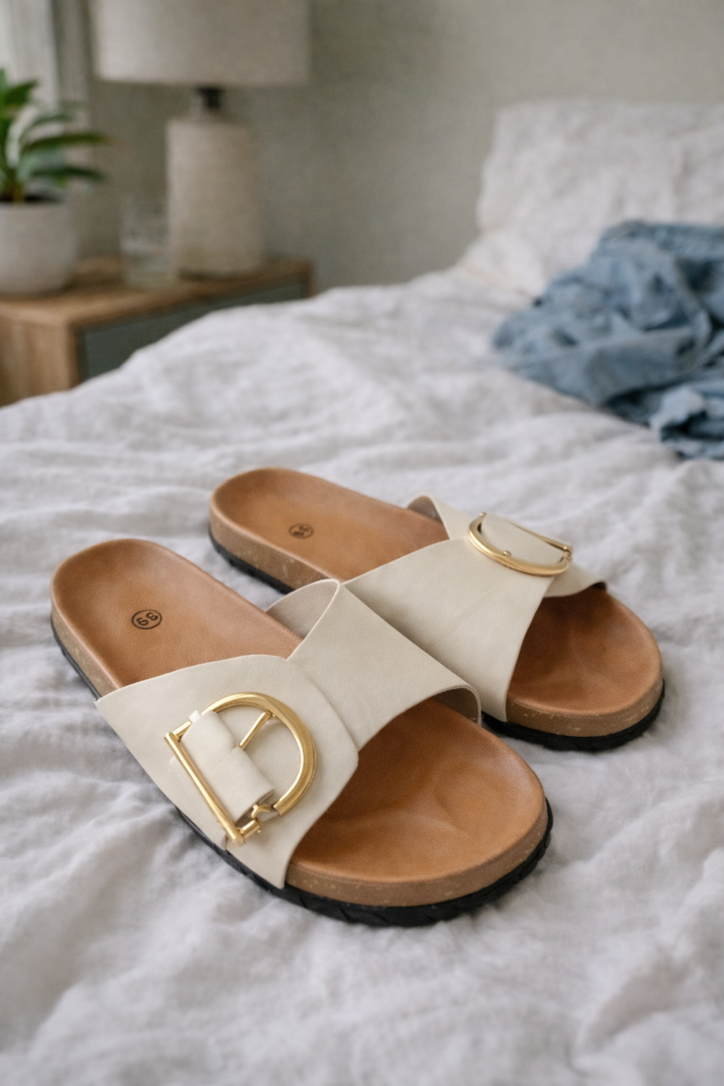 Sandalen Damen Pantoletten | Goldener Schnalle & Korksohlen