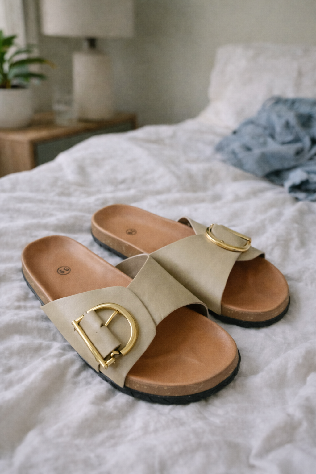 Sandalen Damen Pantoletten | Goldener Schnalle & Korksohlen