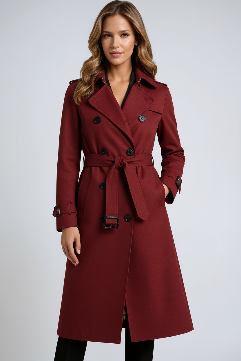 Trenchcoat Damen | Langer Mantel mit Gürtel und Doppelknopfleiste