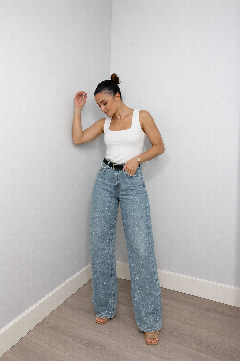 Jeans Damen | High Waist mit Glitzerdetails & weitem Bein