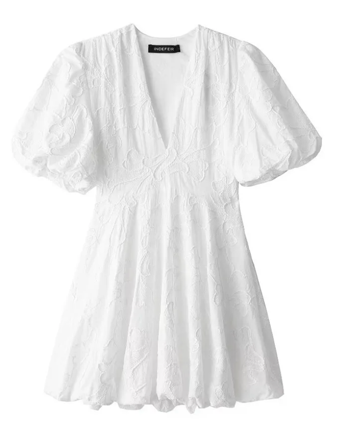 Sommerkleid Damen | Mini mit Puffärmeln & Jacquard-Struktur