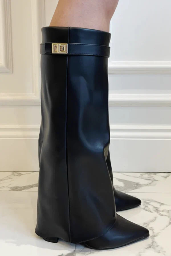 Stiefel Damen | Kniehoch mit Umschlagschaft & Golddetail