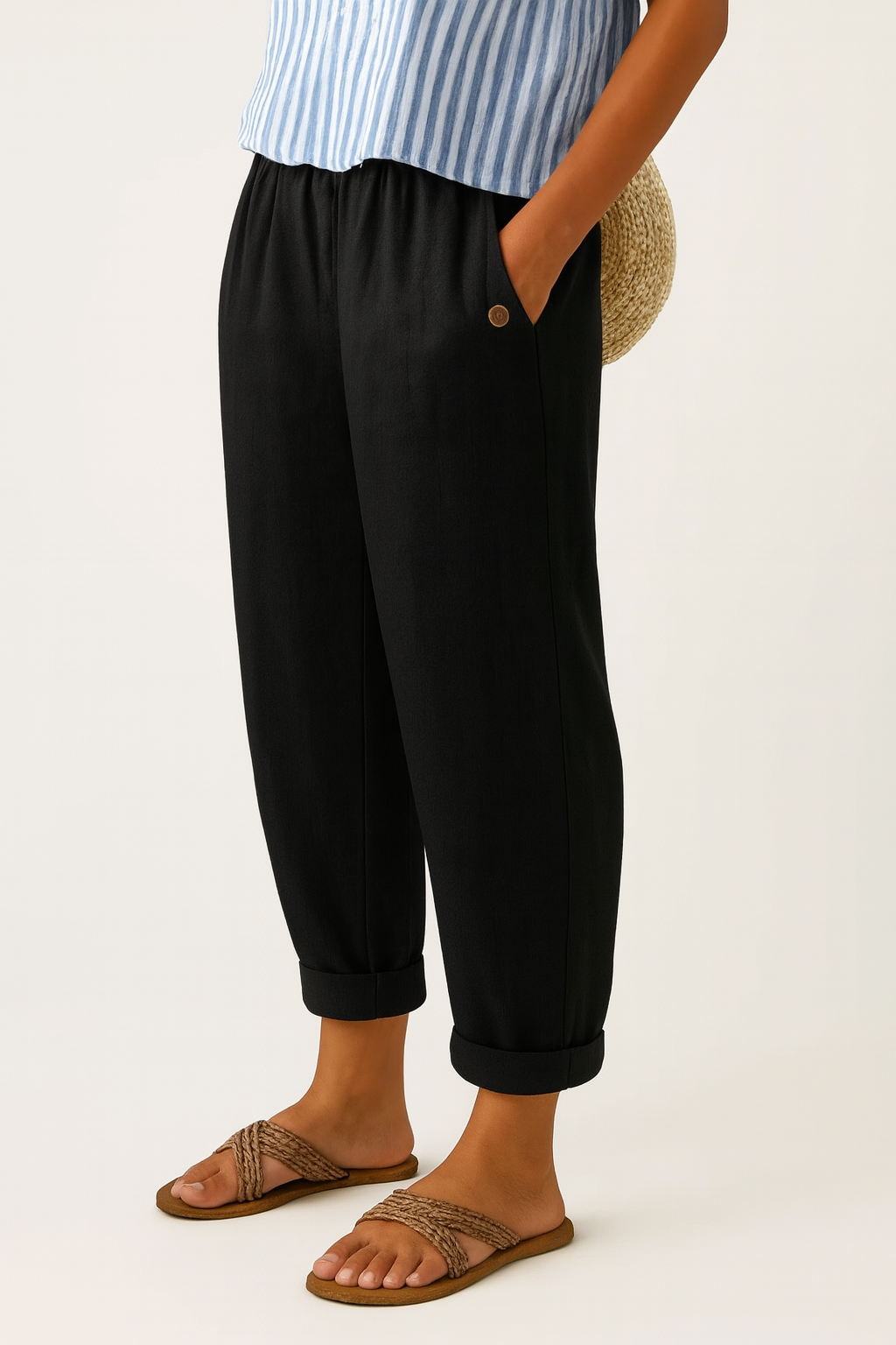 Sommerhose Damen | elastischem Bund, Umschlagsaum & Seitentaschen