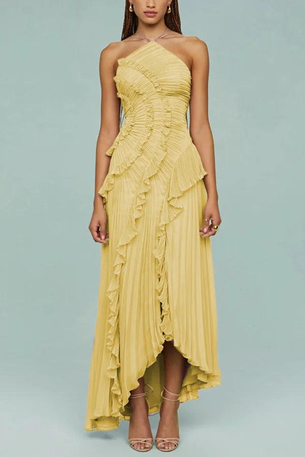 Kleid Hochzeitsgast Damen | Maxi mit Neckholder & Plissee-Rüschen