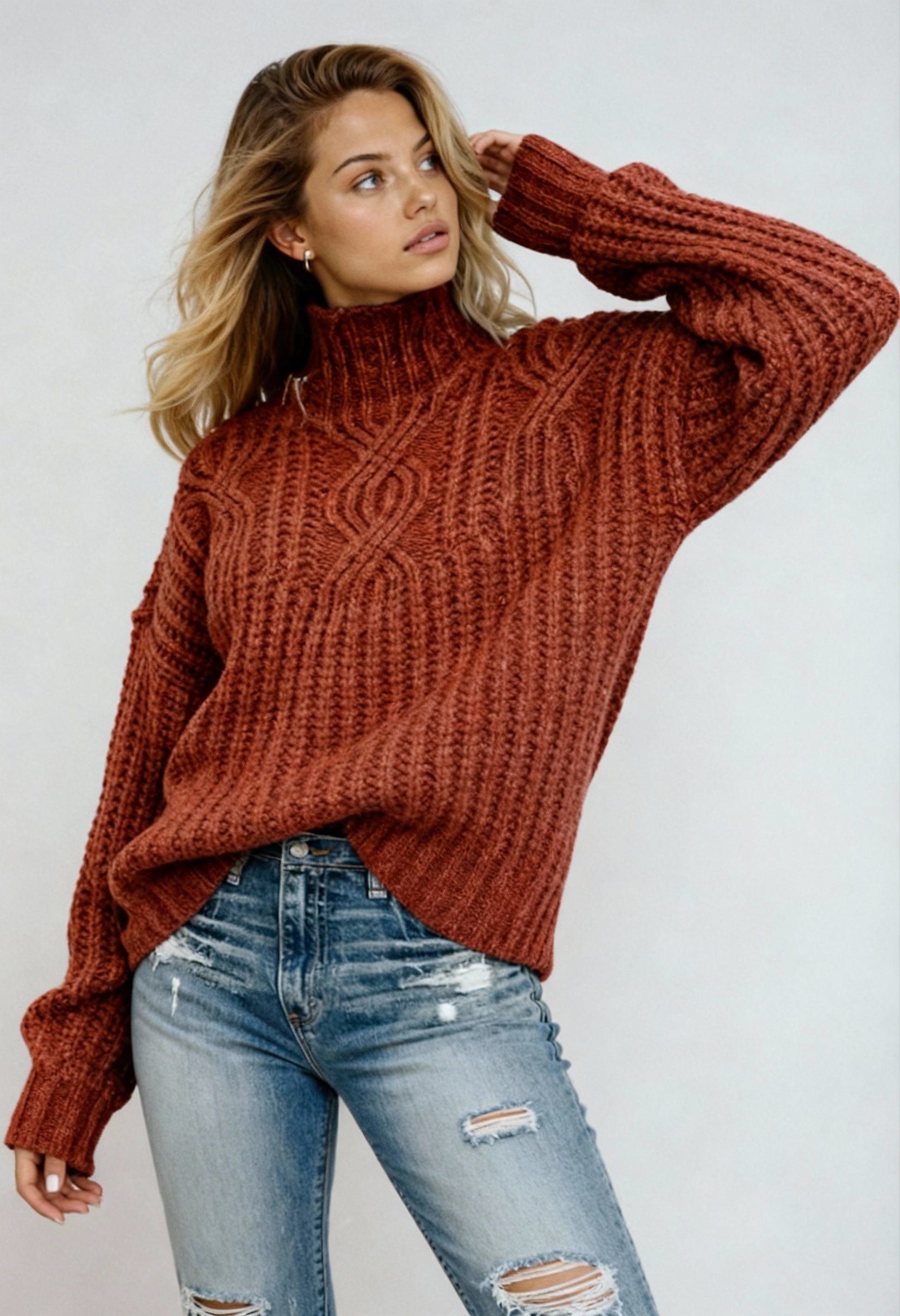 Pullover Damen Oversize | Warmer Strickpullover mit hohem Kragen