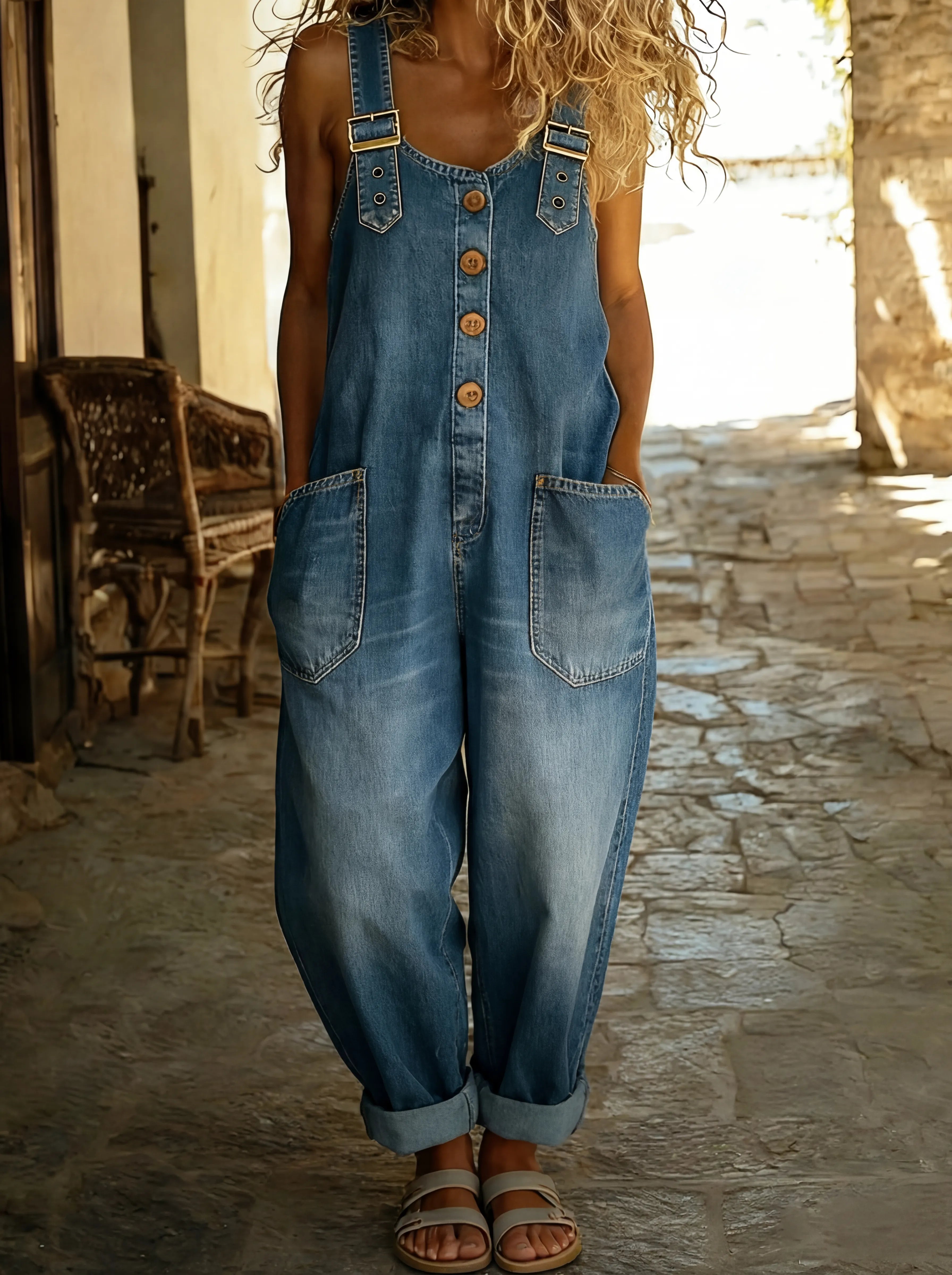 Latzhose Damen Denim | verstellbaren Trägern, Knöpfen & aufgesetzten Taschen
