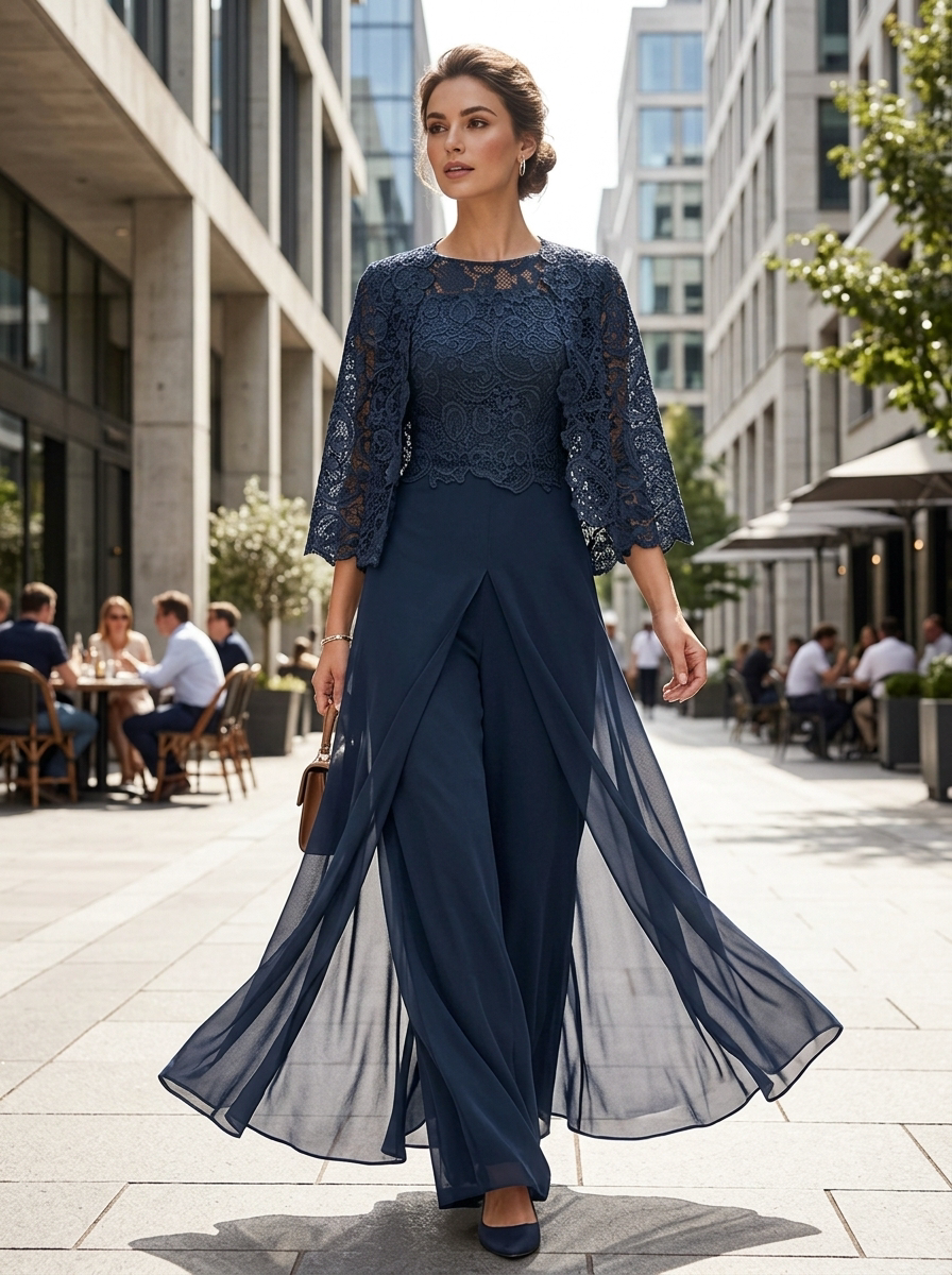 Kleid Hochzeitsgast Damen mit Spitzenjacke | 3/4-Arm Rundhals