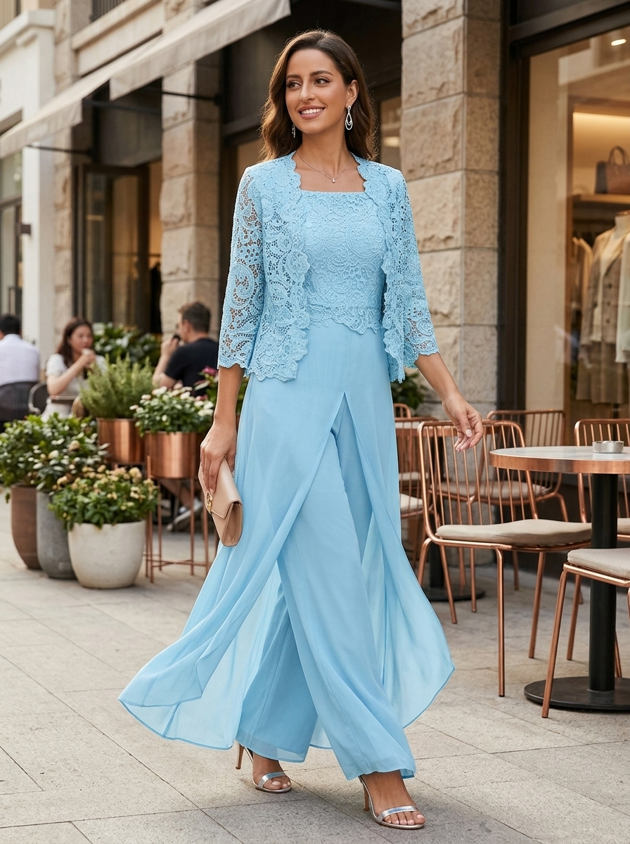 Kleid Hochzeitsgast Damen mit Spitzenjacke | 3/4-Arm Rundhals