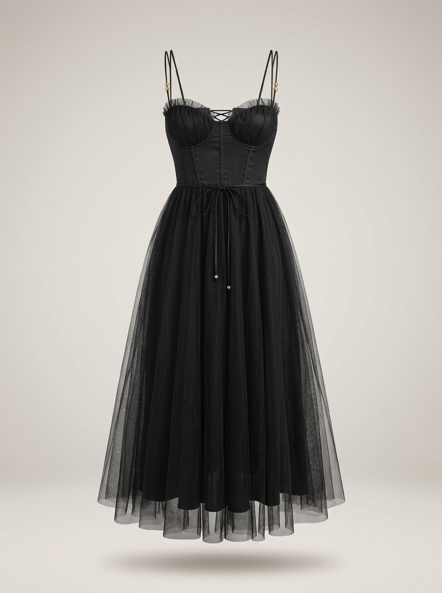 Abendkleid Damen | Midi Kleid mit Korsett Oberteil