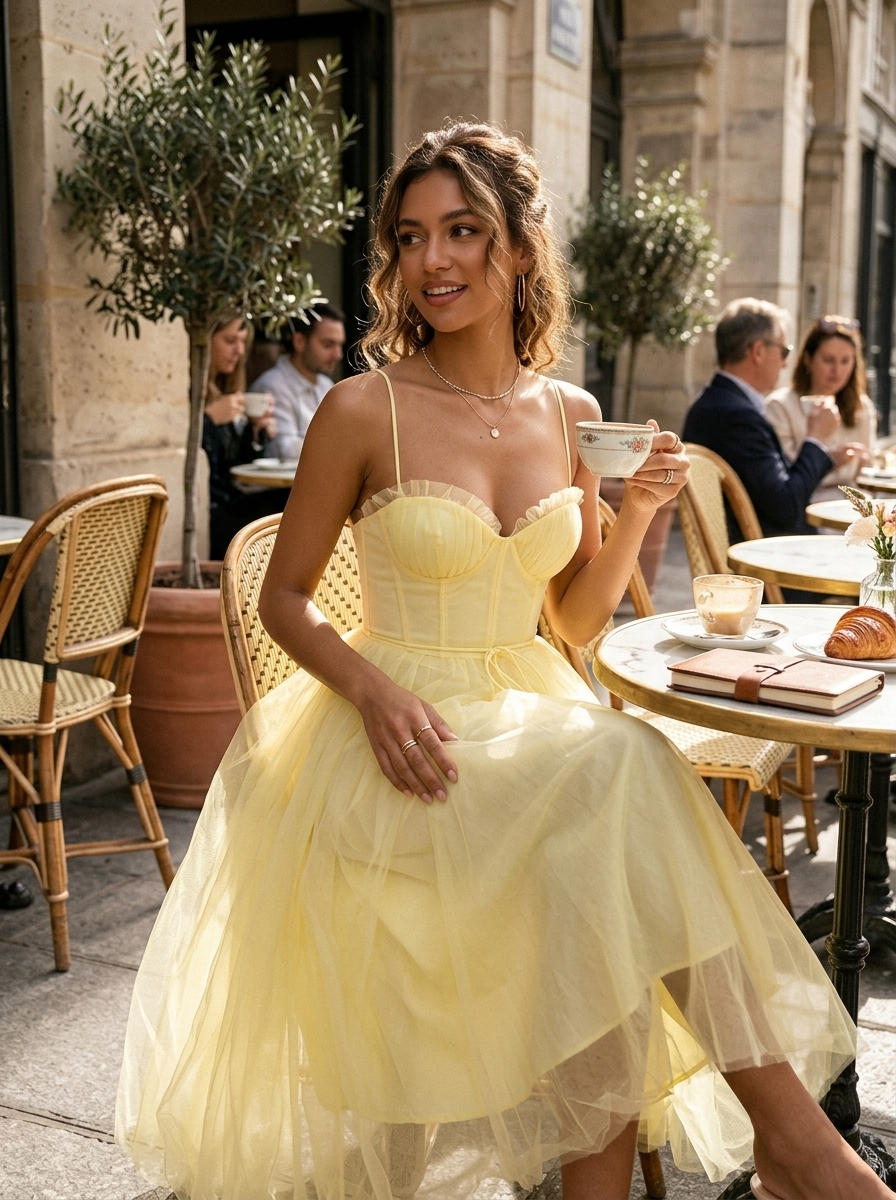 Abendkleid Damen | Midi Kleid mit Korsett Oberteil