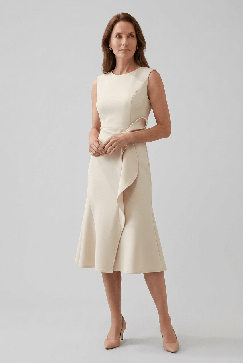 Kleid Hochzeitsgast Damen | Midi mit Kaskadenrüsche & ärmellos