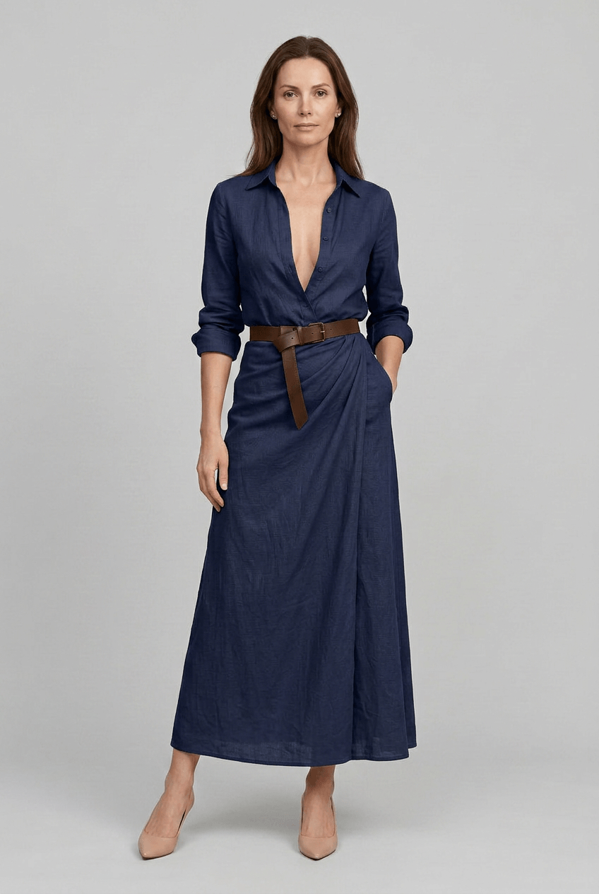 Maxikleid Damen | Hemdblusenkleid mit Wickelrock & V-Ausschnitt