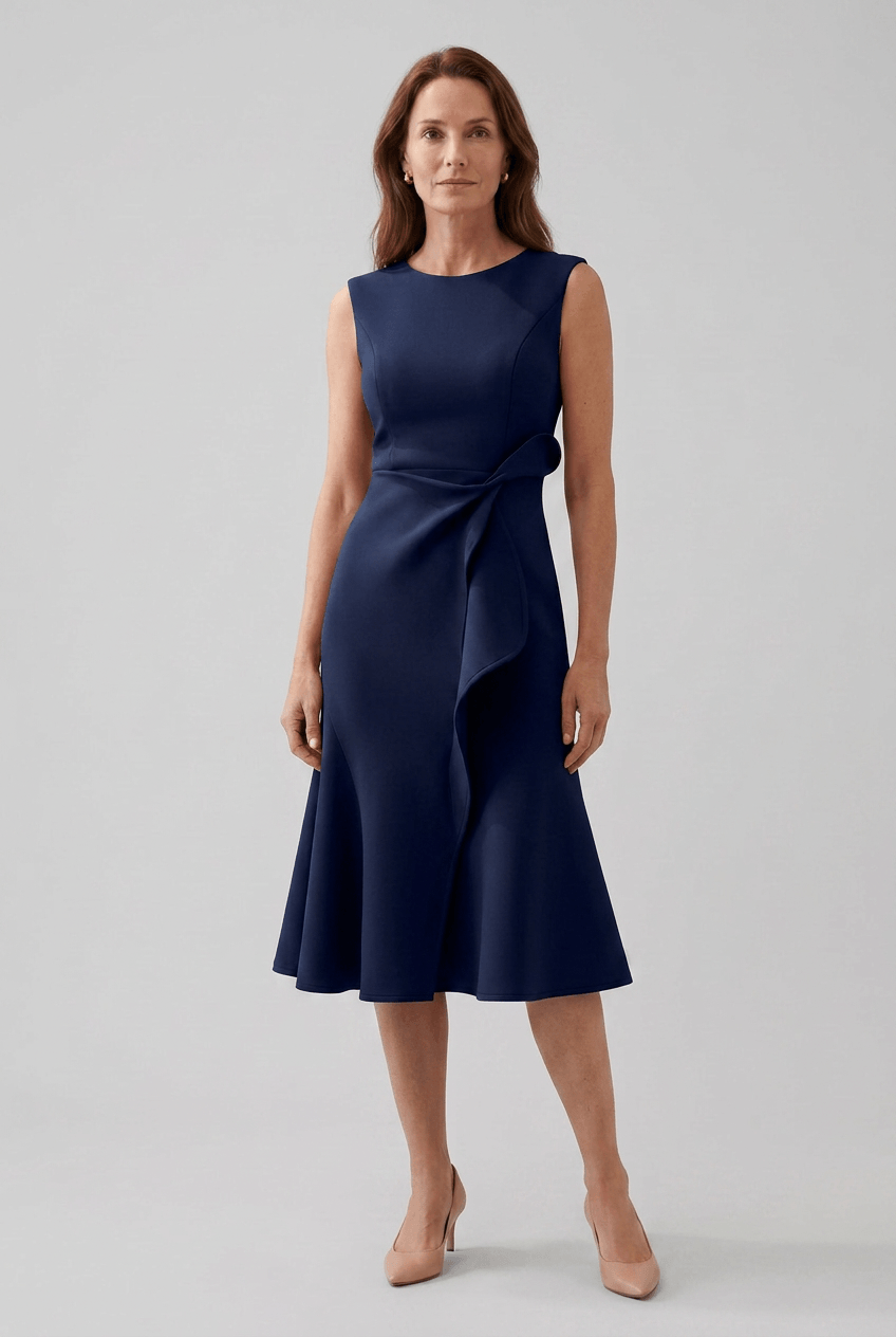 Kleid Hochzeitsgast Damen | Midi mit Kaskadenrüsche & ärmellos