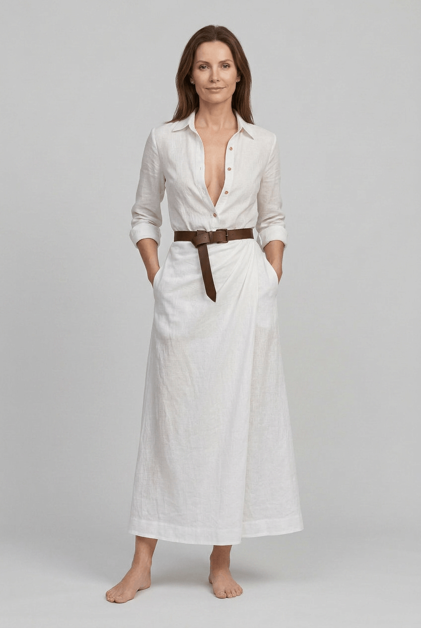 Maxikleid Damen | Hemdblusenkleid mit Wickelrock & V-Ausschnitt
