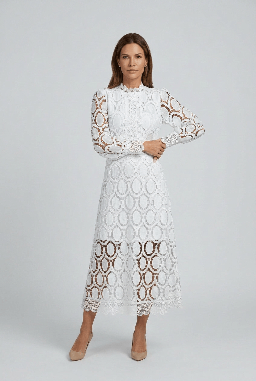 Kleid Hochzeitsgast Damen | Maxikleid aus Spitze mit Stehkragen & Puffärmeln