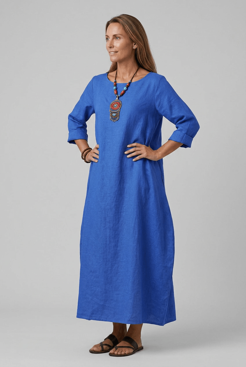 Sommerkleid Damen | Maxi mit Leinenstruktur & 3/4-Arm