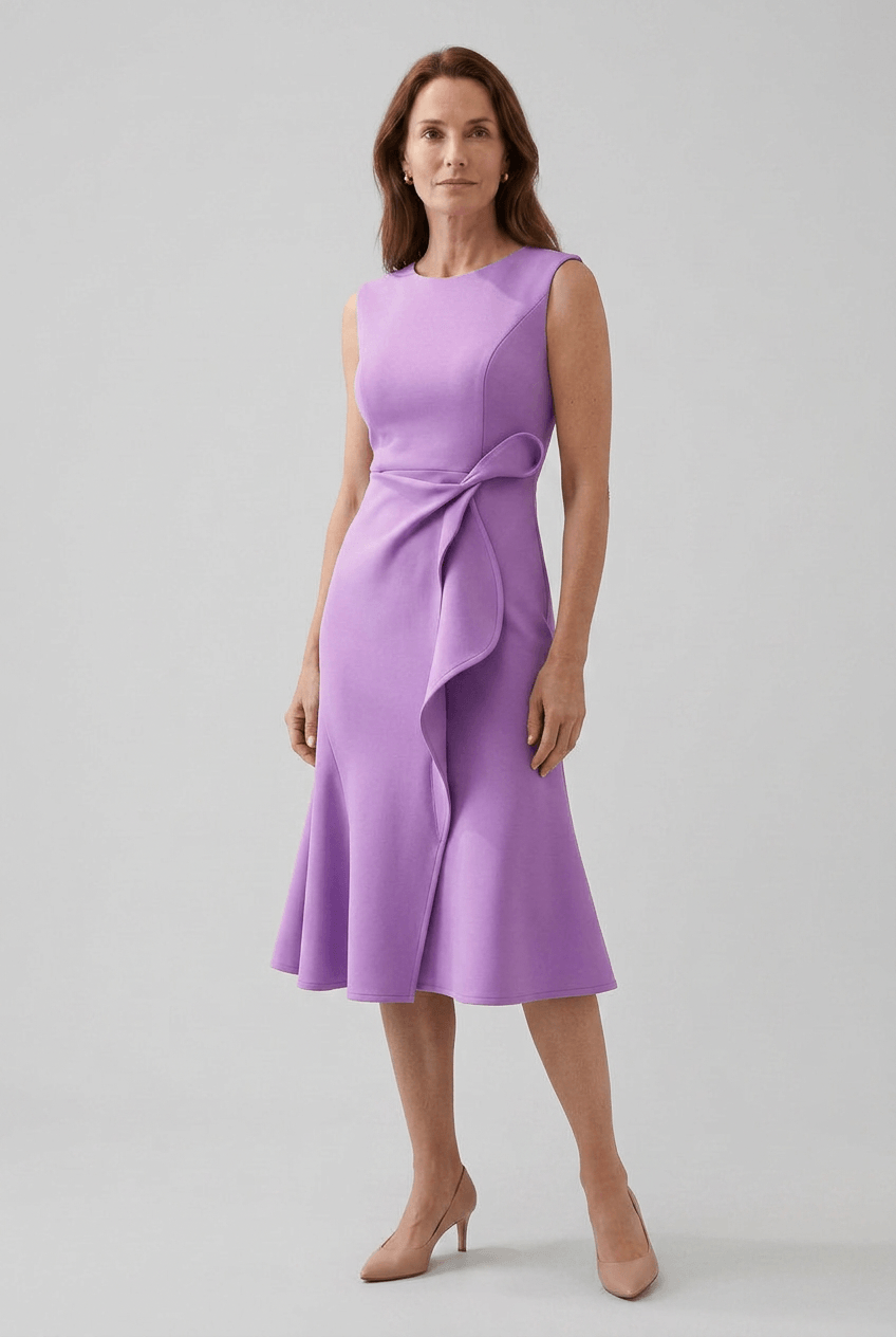 Kleid Hochzeitsgast Damen | Midi mit Kaskadenrüsche & ärmellos