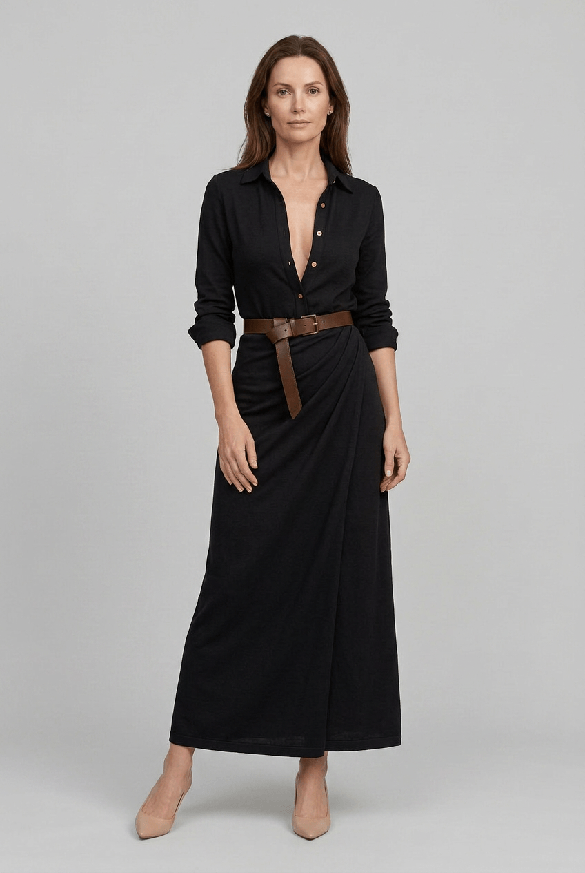 Maxikleid Damen | Hemdblusenkleid mit Wickelrock & V-Ausschnitt