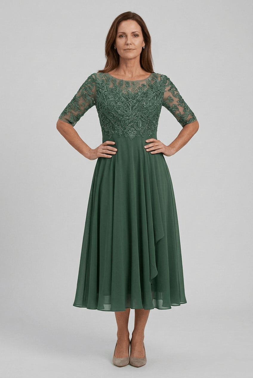 Kleid Hochzeitsgast Damen | Midi mit Spitzenoberteil & 3/4-Arm