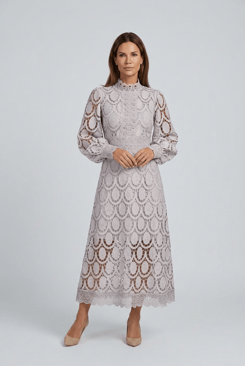 Kleid Hochzeitsgast Damen | Maxikleid aus Spitze mit Stehkragen & Puffärmeln