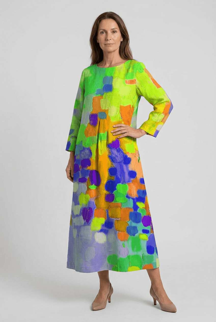 Sommerkleid Damen | Maxi mit aquarellem Print & 3/4-Arm