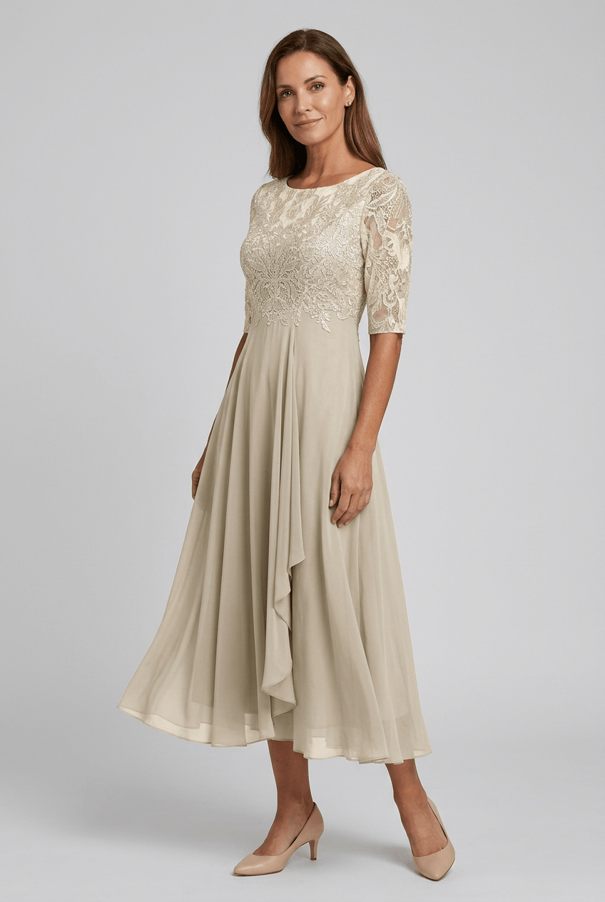 Kleid Hochzeitsgast Damen | Midi mit Spitzenoberteil & 3/4-Arm