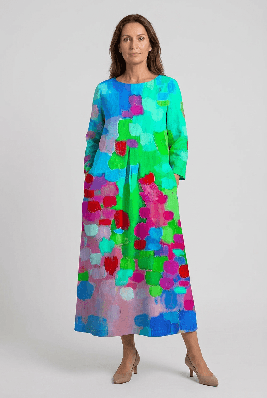 Sommerkleid Damen | Maxi mit aquarellem Print & 3/4-Arm