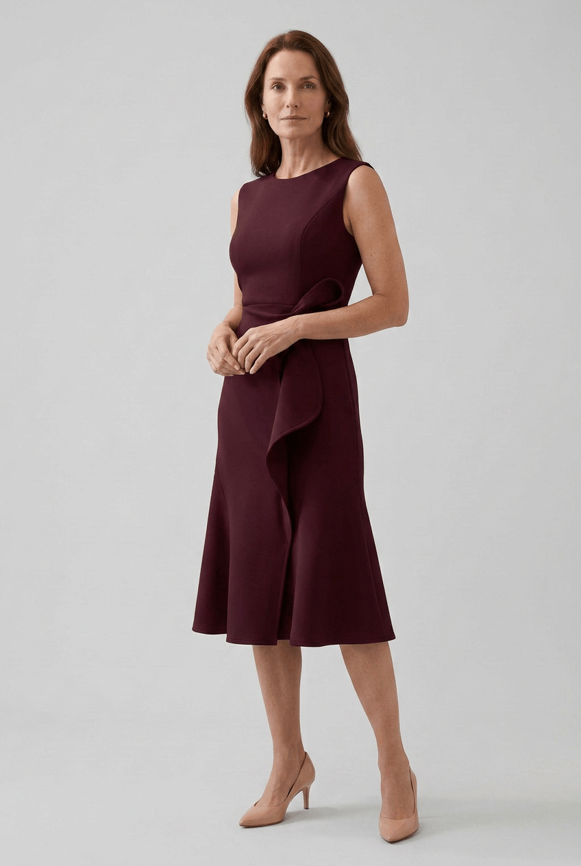 Kleid Hochzeitsgast Damen | Midi mit Kaskadenrüsche & ärmellos