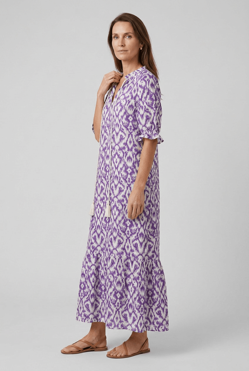 Sommerkleid Damen Maxi | Blumenprint & Kordel-V-Ausschnitt