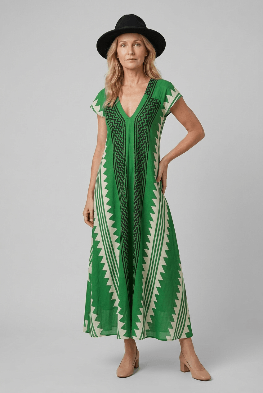 Sommerkleid Damen | Maxi mit geometrischem Muster & V-Ausschnitt