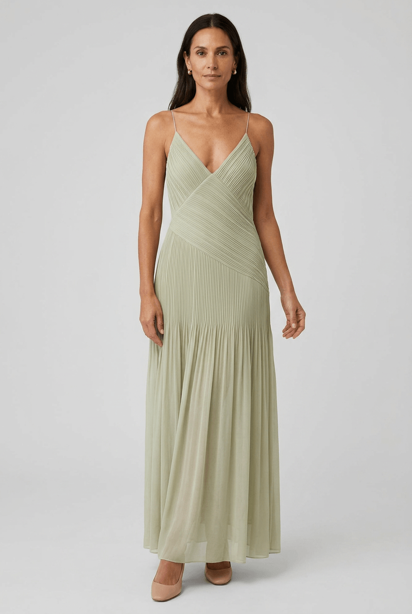 Kleid Hochzeitsgast Damen | Maxi mit Spaghettiträgern & Plissee-Falten
