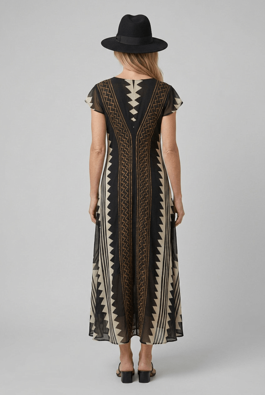 Sommerkleid Damen | Maxi mit geometrischem Muster & V-Ausschnitt