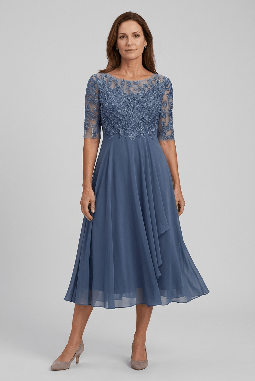 Kleid Hochzeitsgast Damen | Midi mit Spitzenoberteil & 3/4-Arm