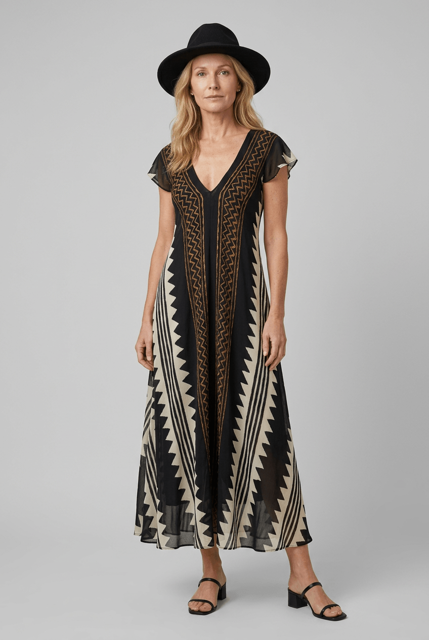 Sommerkleid Damen | Maxi mit geometrischem Muster & V-Ausschnitt