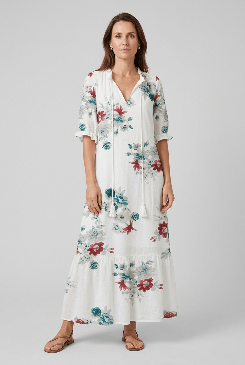Sommerkleid Damen Maxi | Blumenprint & Kordel-V-Ausschnitt