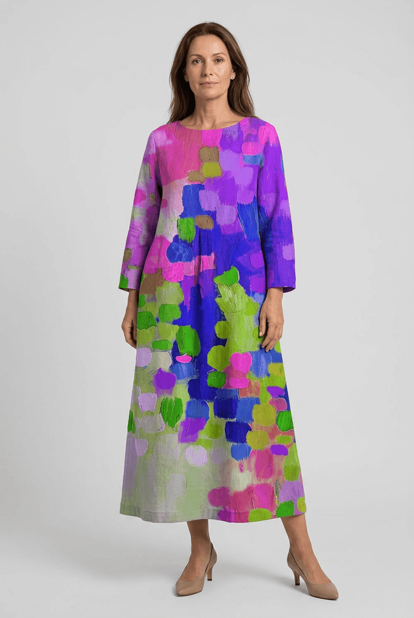 Sommerkleid Damen | Maxi mit aquarellem Print & 3/4-Arm