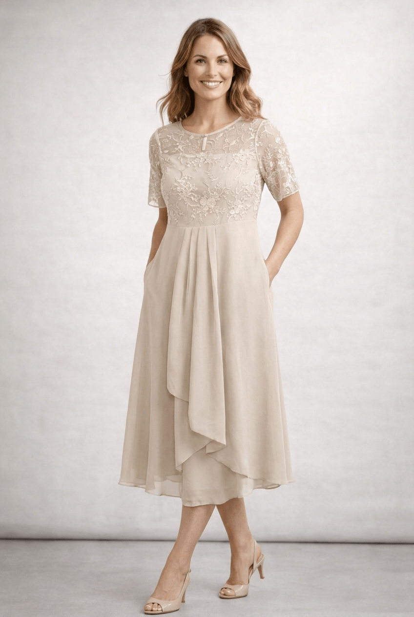 Kleid Hochzeitsgast Damen Midikleid | Spitzenoberteil, kurzen Ärmeln & gestuftem Rock