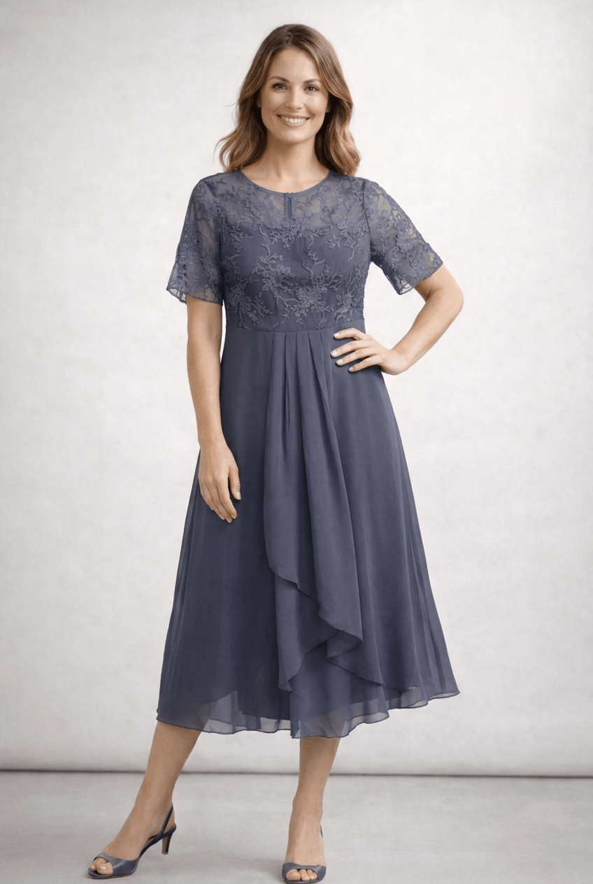 Kleid Hochzeitsgast Damen Midikleid | Spitzenoberteil, kurzen Ärmeln & gestuftem Rock