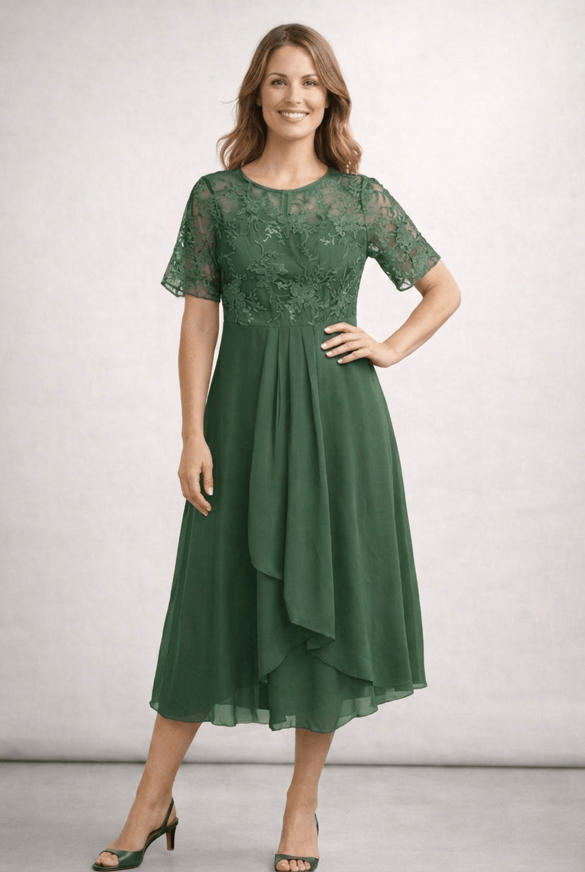 Kleid Hochzeitsgast Damen Midikleid | Spitzenoberteil, kurzen Ärmeln & gestuftem Rock