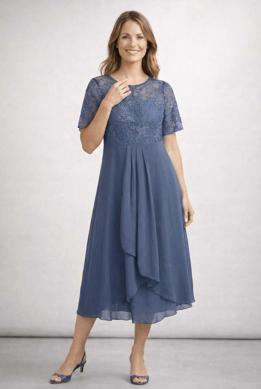 Kleid Hochzeitsgast Damen Midikleid | Spitzenoberteil, kurzen Ärmeln & gestuftem Rock
