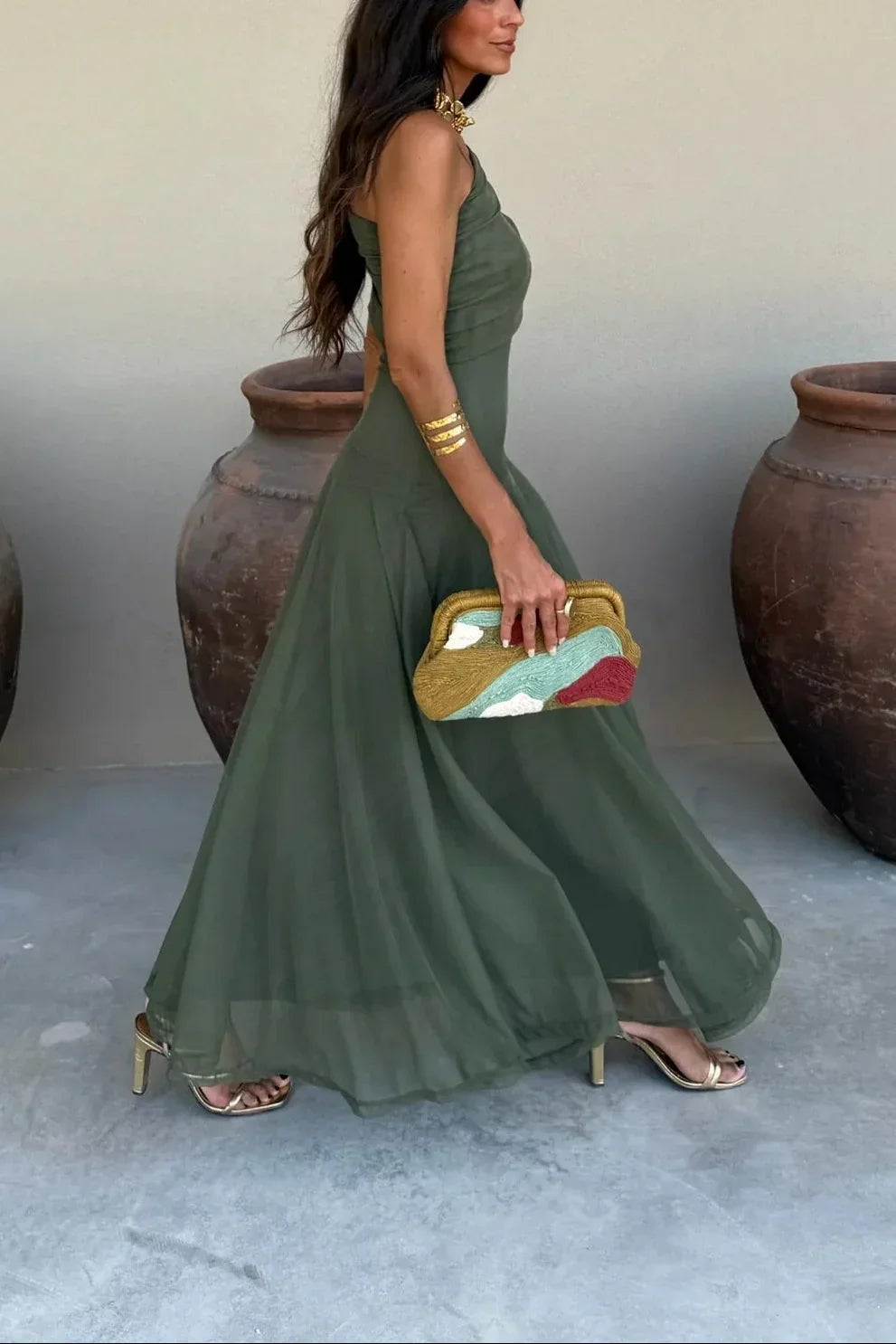 Kleid Hochzeitsgast Damen | Maxi mit One-Shoulder & Drapierung