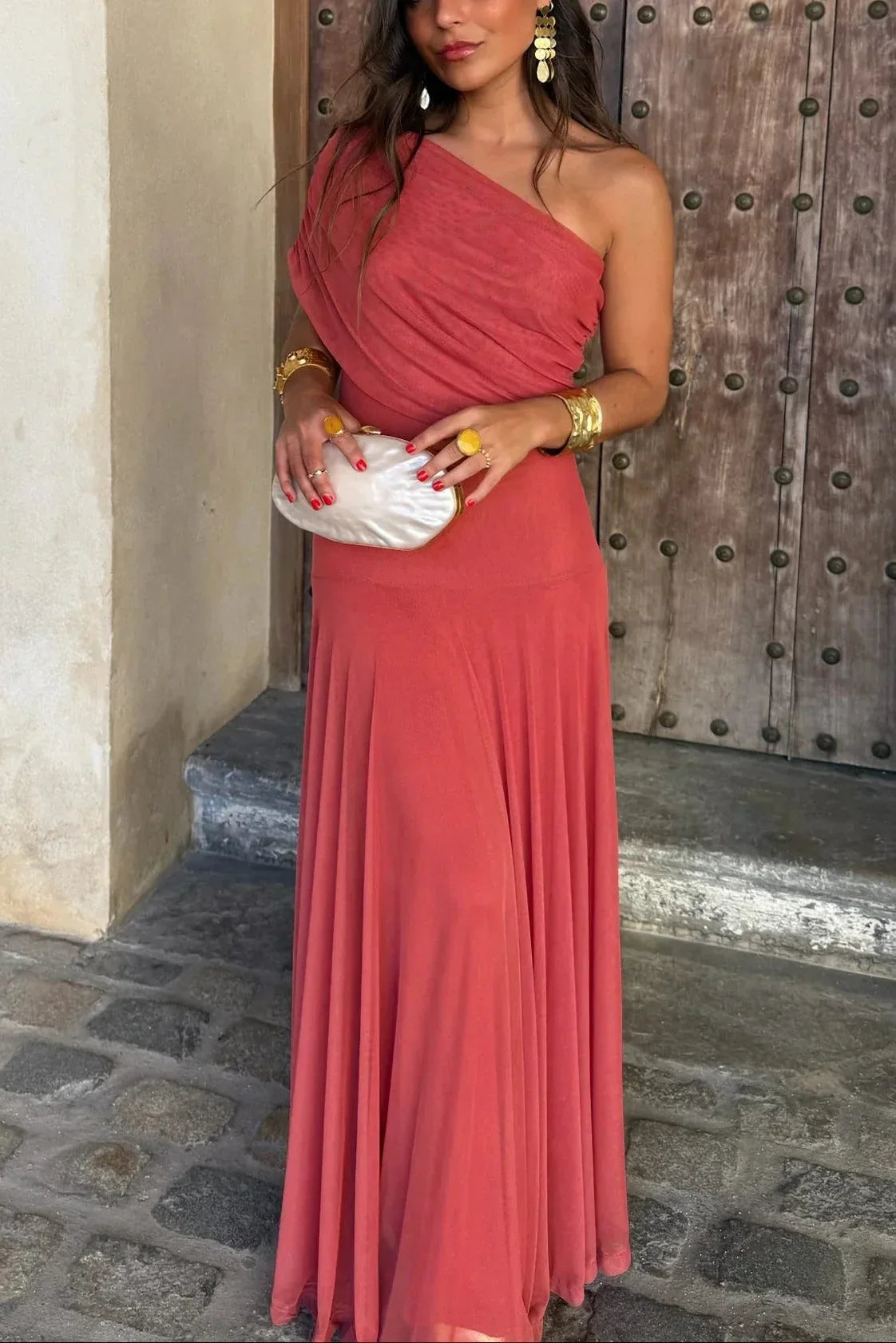 Kleid Hochzeitsgast Damen | Maxi mit One-Shoulder & Drapierung