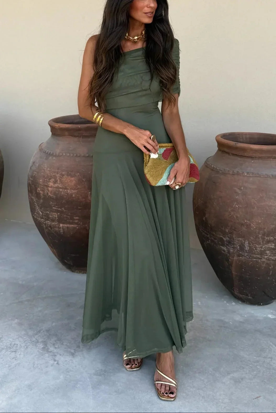 Kleid Hochzeitsgast Damen | Maxi mit One-Shoulder & Drapierung