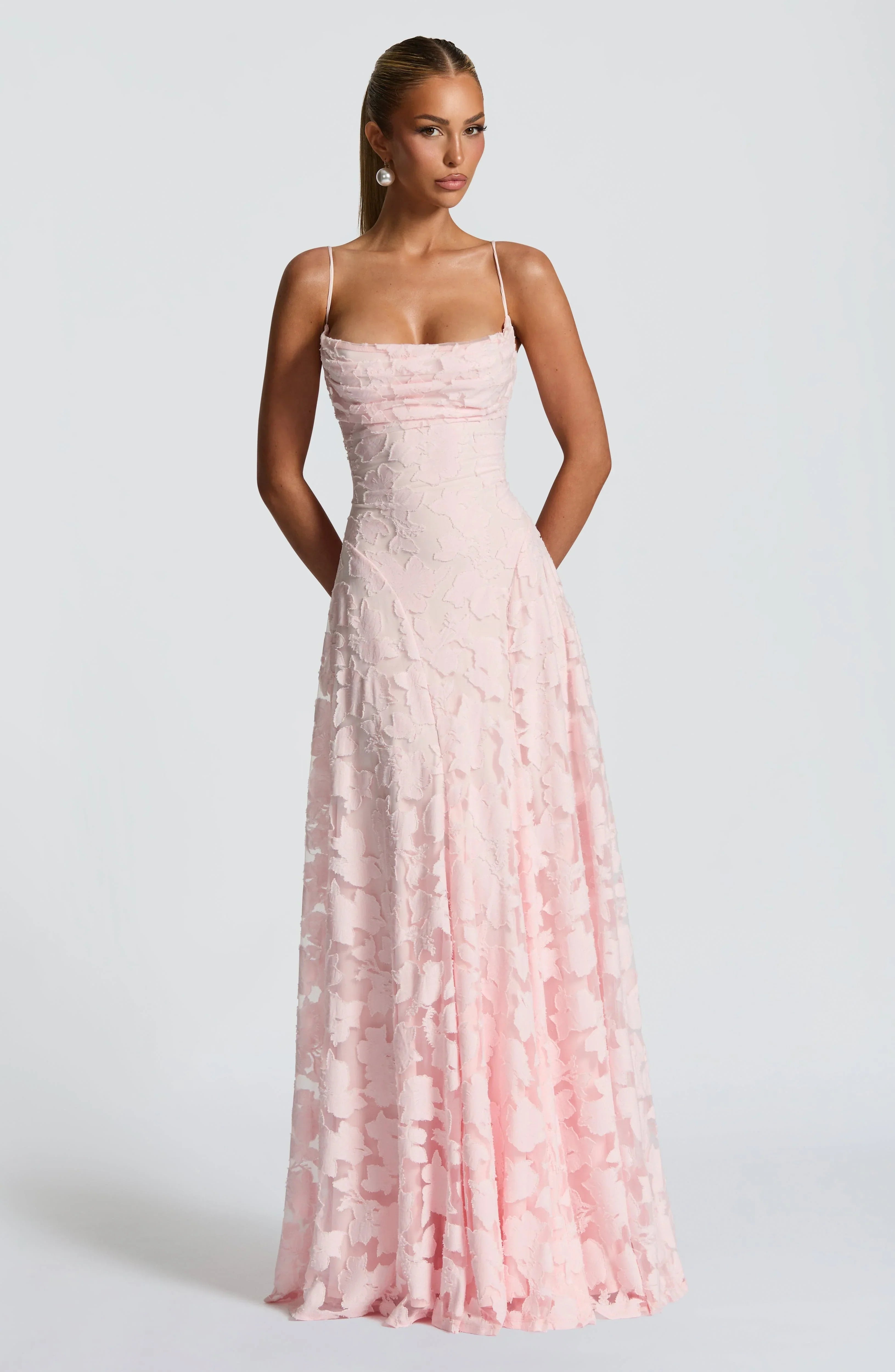 Kleid Hochzeitsgast Damen | Maxi mit 3D-Blumen & Spaghettiträgern