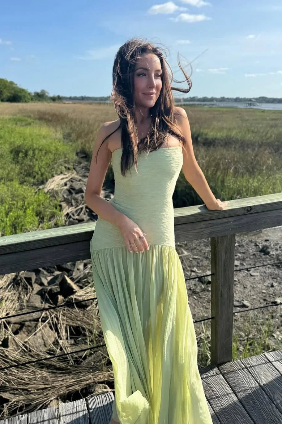 Kleid Hochzeitsgast Damen | Maxi mit Plissee & Trägerlosen Oberteil