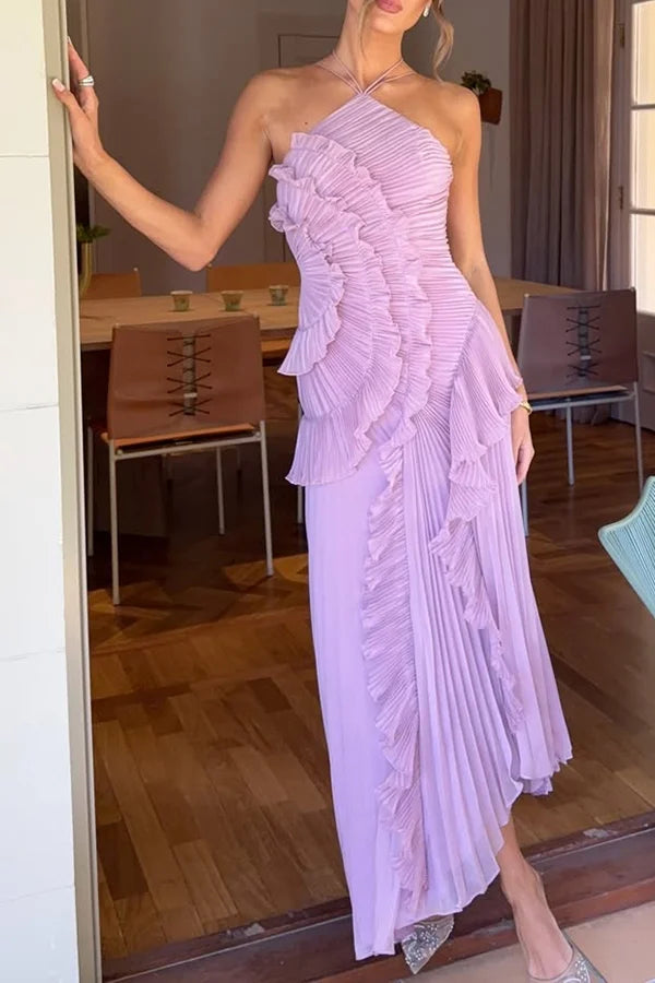 Kleid Hochzeitsgast Damen | Maxi mit Neckholder & Plissee-Rüschen